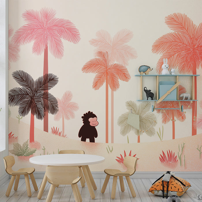 Kinderzimmer Tapete | Kleiner Affe in einer bunten tropischen Landschaft