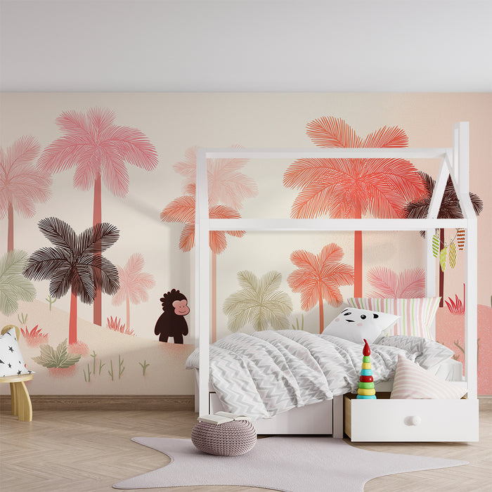 Kinderzimmer Tapete | Kleiner Affe in einer bunten tropischen Landschaft