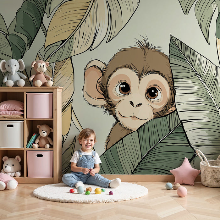 Barntapet | Liten busig apa gömd bland tropiska löv