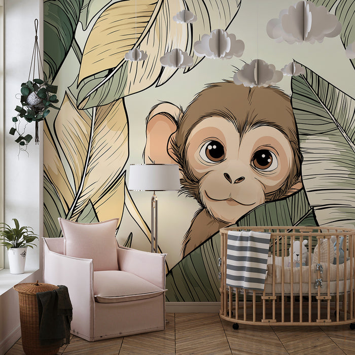 Barntapet | Liten busig apa gömd bland tropiska löv