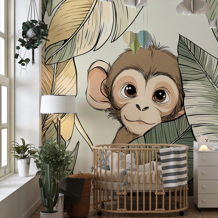 Barntapet | Liten busig apa gömd bland tropiska löv
