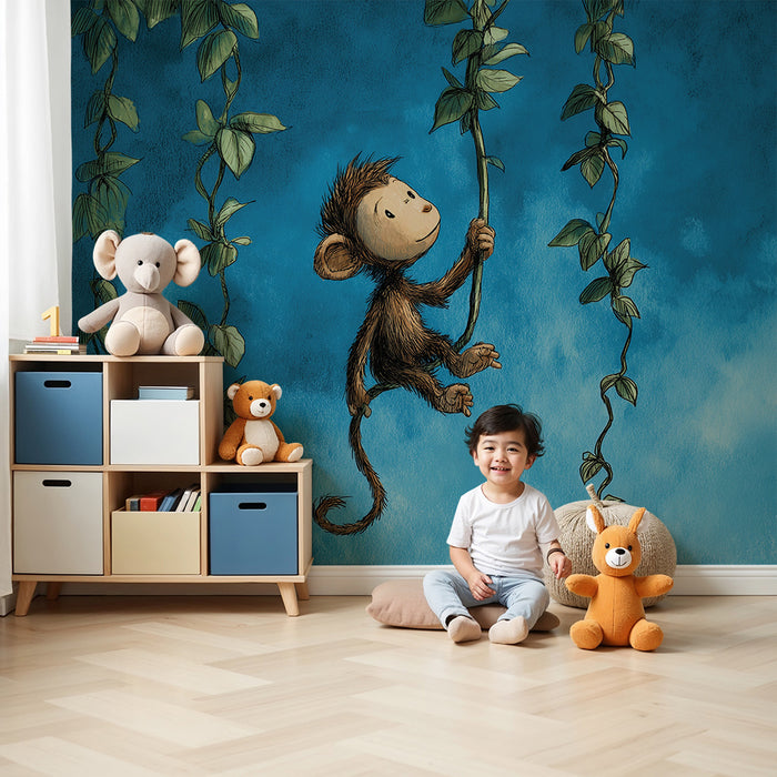 Kids room wallpaper | Playful little monkey hanging from vines in a blue sky