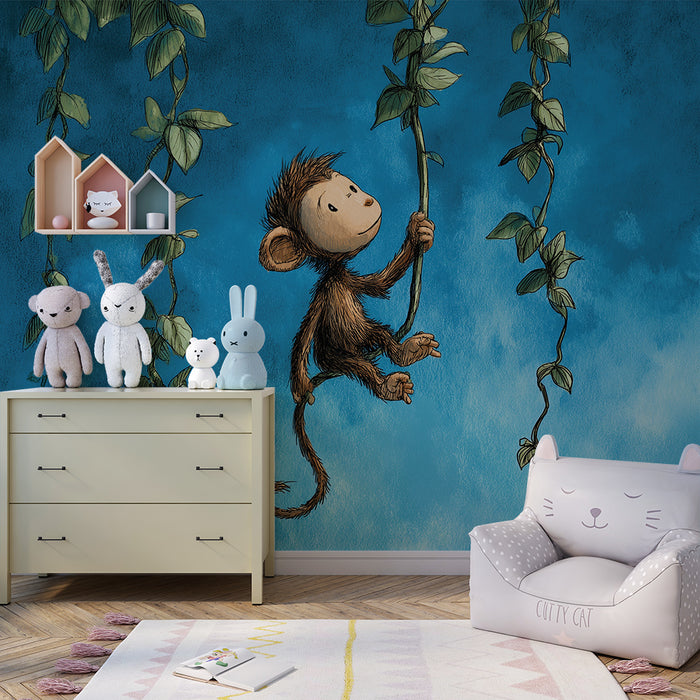 Kids room wallpaper | Playful little monkey hanging from vines in a blue sky