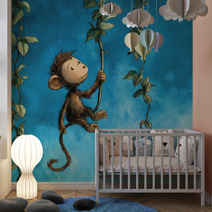 Kids room wallpaper | Playful little monkey hanging from vines in a blue sky