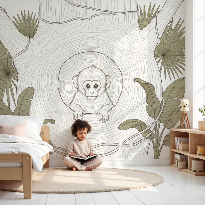 Papier peint chambre enfant | Petit singe et arbre tropical