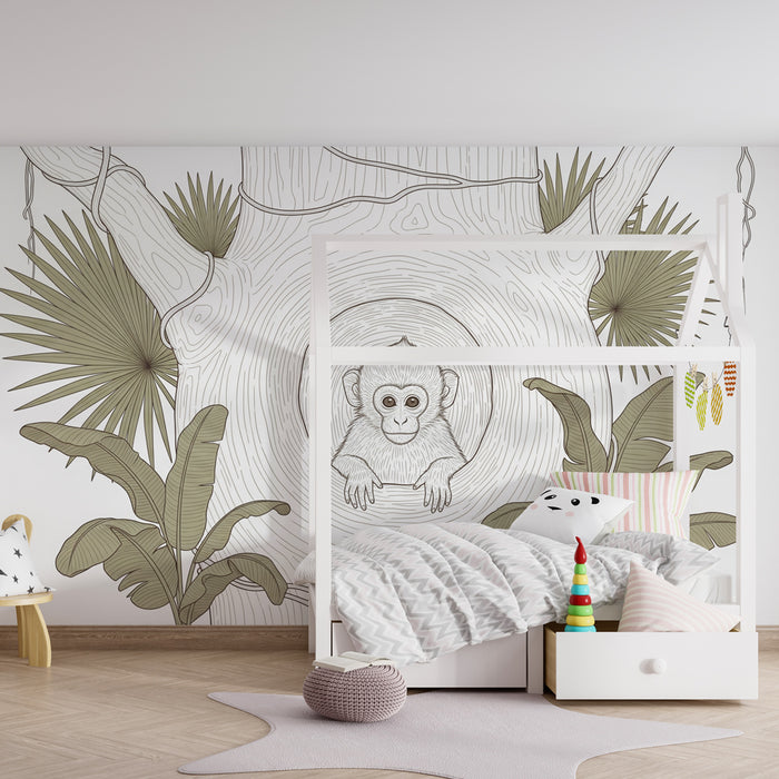 Papier peint chambre enfant | Petit singe et arbre tropical