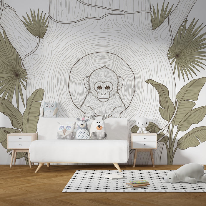 Papier peint chambre enfant | Petit singe et arbre tropical