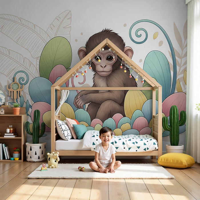 Kids room wallpaper | Little monkey and colorful flowers