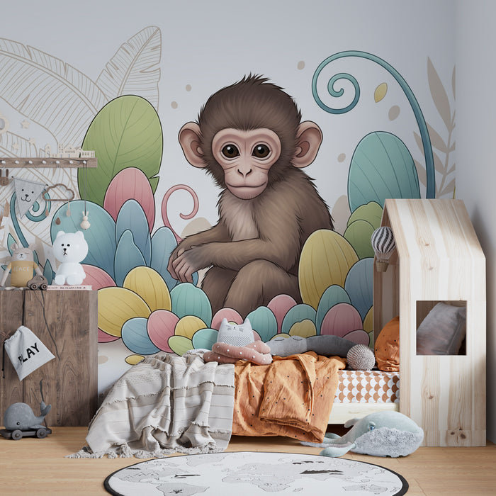 Kids room wallpaper | Little monkey and colorful flowers