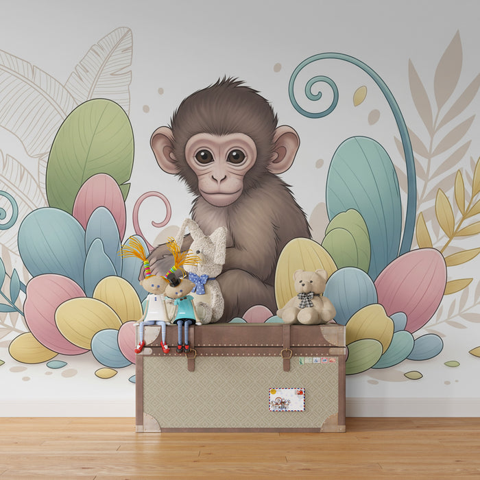Kids room wallpaper | Little monkey and colorful flowers