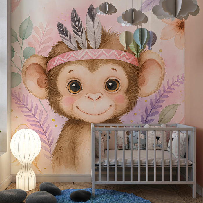 Kinderkamer behang | Blije kleine aap en bloemmotieven
