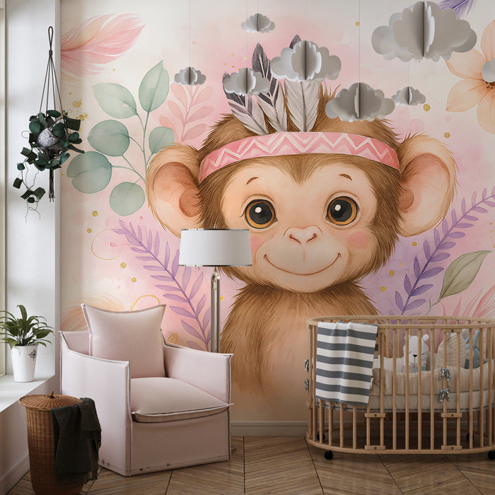 Kinderkamer behang | Blije kleine aap en bloemmotieven