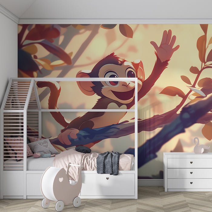 Papier peint chambre enfant | Petit singe joyeux dans la jungle