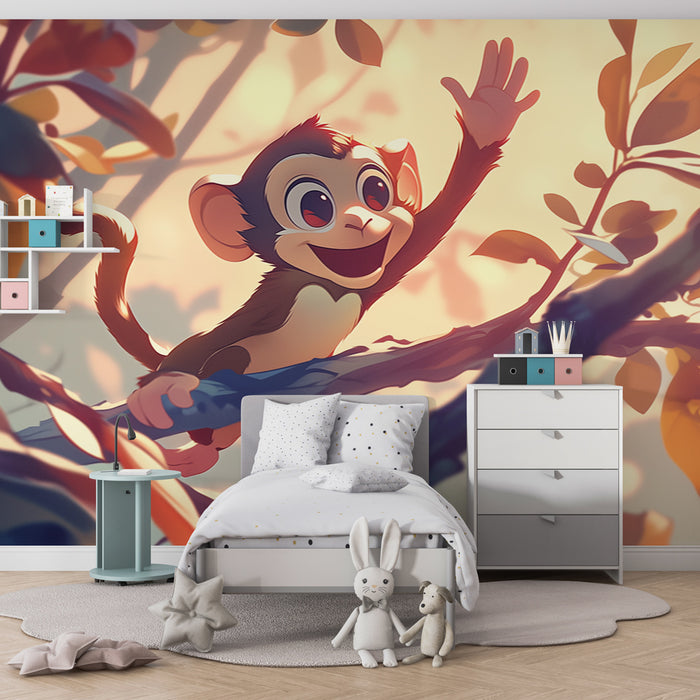 Papier peint chambre enfant | Petit singe joyeux dans la jungle