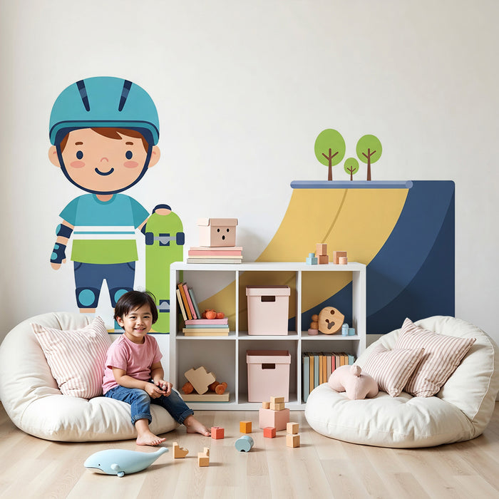 Children's bedroom wallpaper | Little skater ready for adventure on his ramp