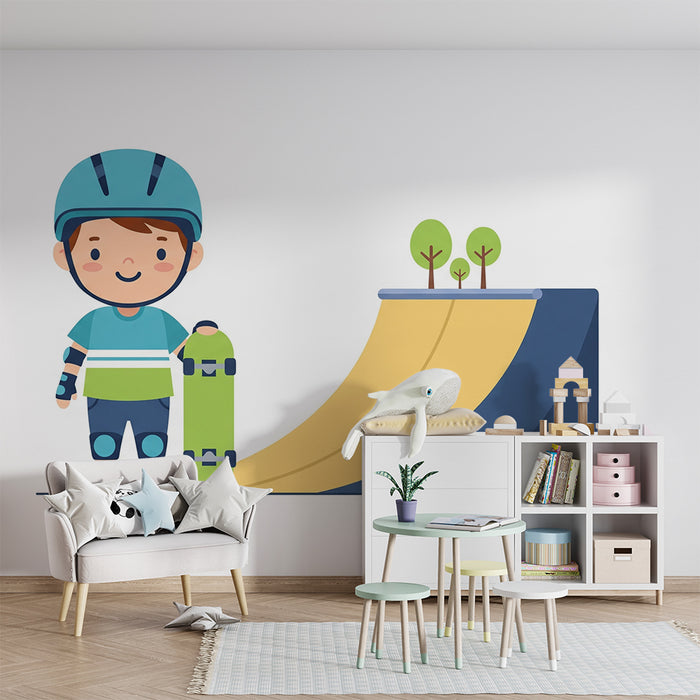 Children's bedroom wallpaper | Little skater ready for adventure on his ramp
