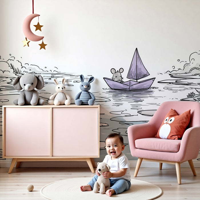 Papier peint chambre enfant | Petit souris en bateau sur l'eau