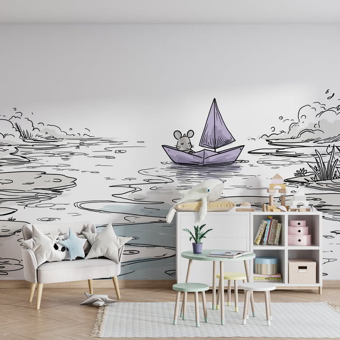 Papier peint chambre enfant | Petit souris en bateau sur l'eau