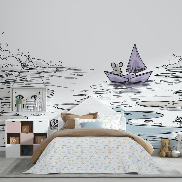 Papier peint chambre enfant | Petit souris en bateau sur l'eau