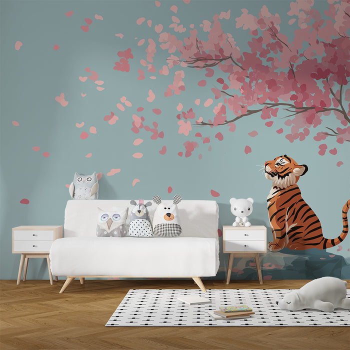 Børneværelse tapet | Lille tiger sidder under et blomstrende kirsebærtræ