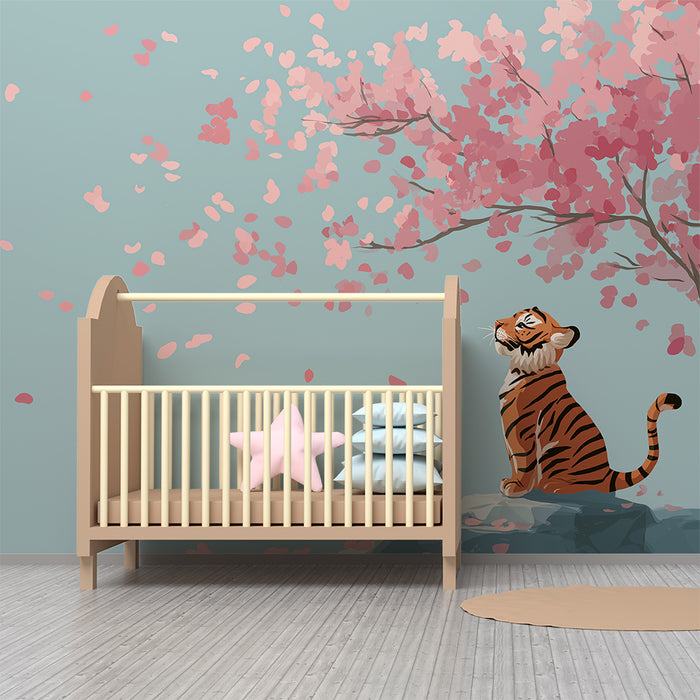 Børneværelse tapet | Lille tiger sidder under et blomstrende kirsebærtræ