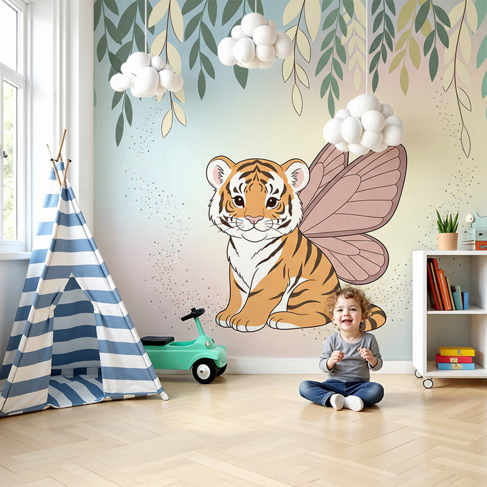 Papier peint chambre enfant | Petit tigre avec ailes de papillon dans un décor féerique