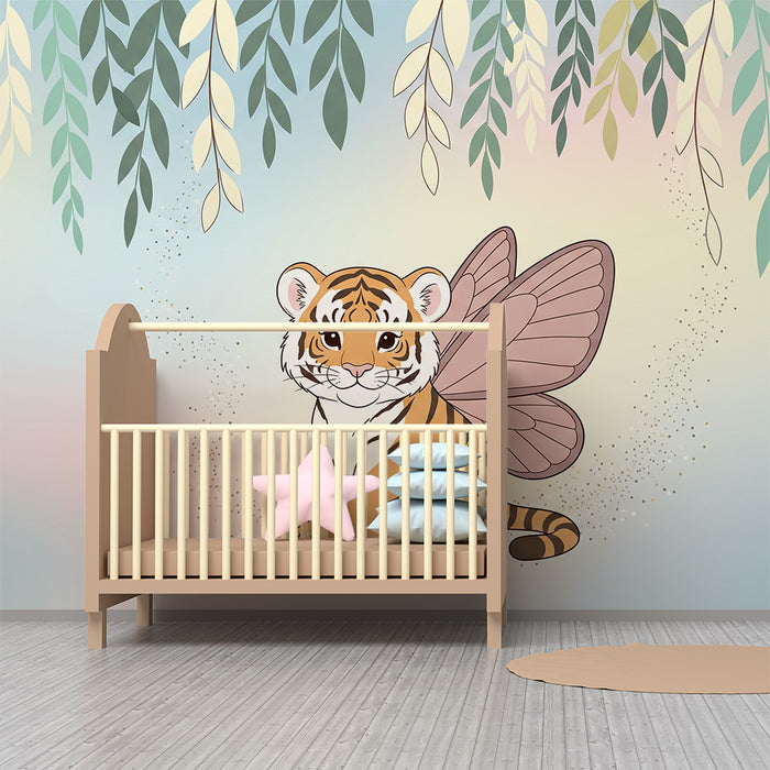 Papier peint chambre enfant | Petit tigre avec ailes de papillon dans un décor féerique