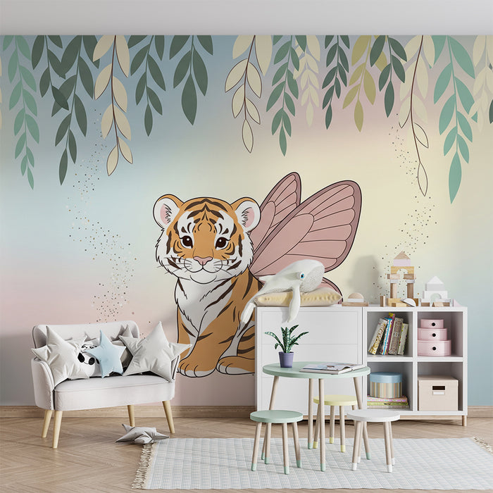 Papier peint chambre enfant | Petit tigre avec ailes de papillon dans un décor féerique
