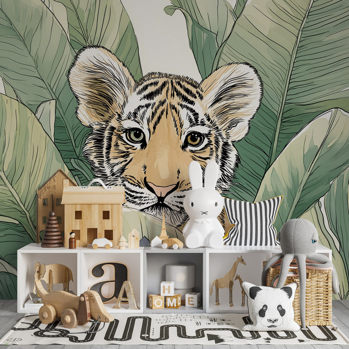 Papier peint chambre enfant | Petit tigre caché dans la jungle