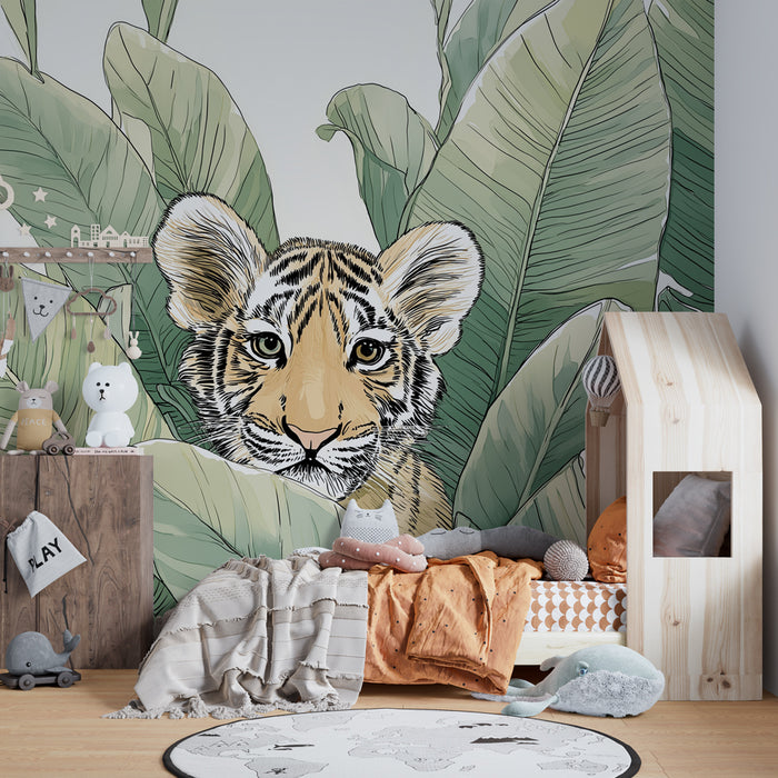 Papier peint chambre enfant | Petit tigre caché dans la jungle