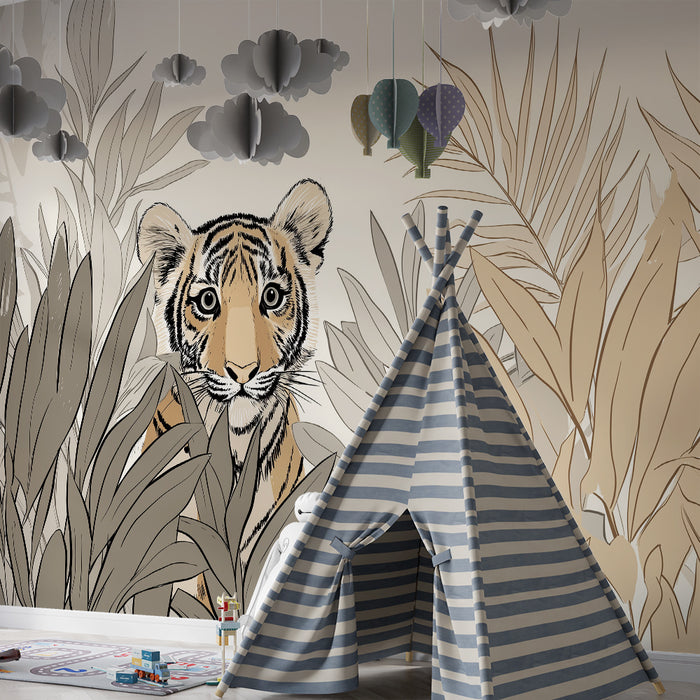 Børneværelse tapet | Lille nysgerrig tiger midt i junglen