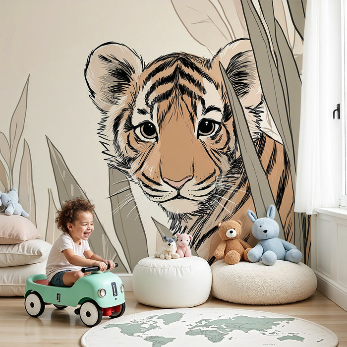 Kids room wallpaper | Little curious tiger in the middle of the foliage