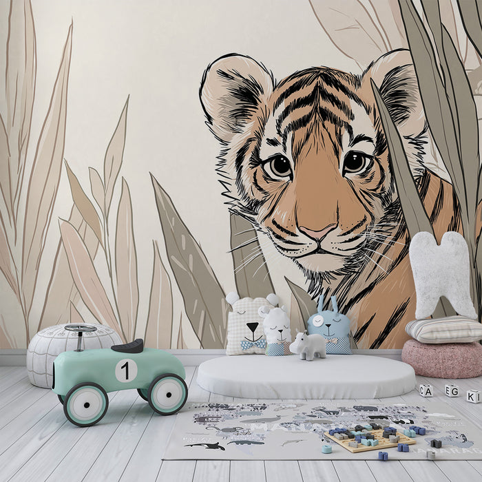 Kids room wallpaper | Little curious tiger in the middle of the foliage
