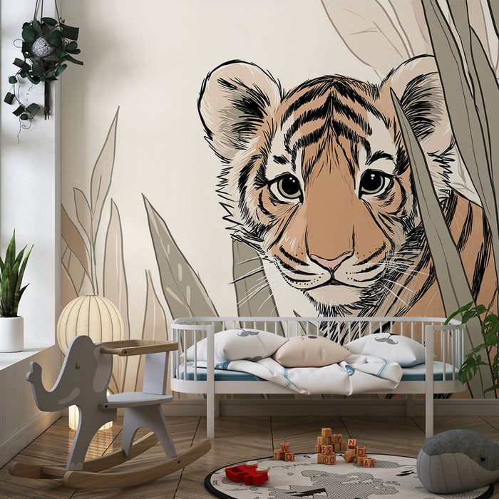 Kids room wallpaper | Little curious tiger in the middle of the foliage
