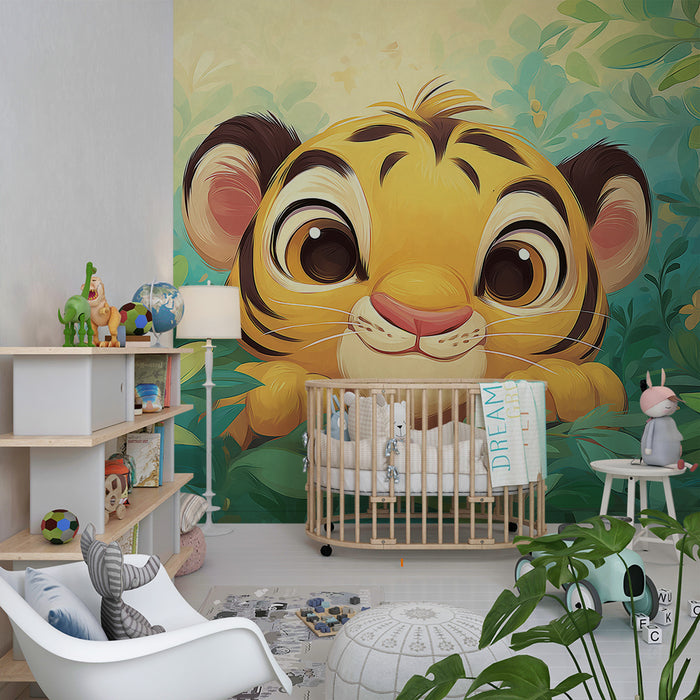 Gyermekszoba tapéta | Kíváncsi kis tigris a levelek között