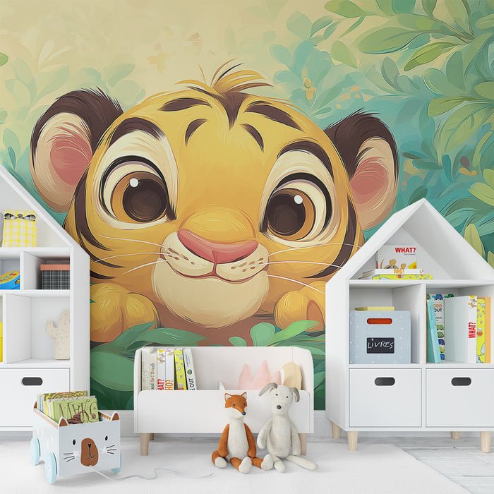 Gyermekszoba tapéta | Kíváncsi kis tigris a levelek között