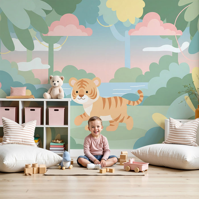 Kids room wallpaper | Väike tiiger värvikas džunglis