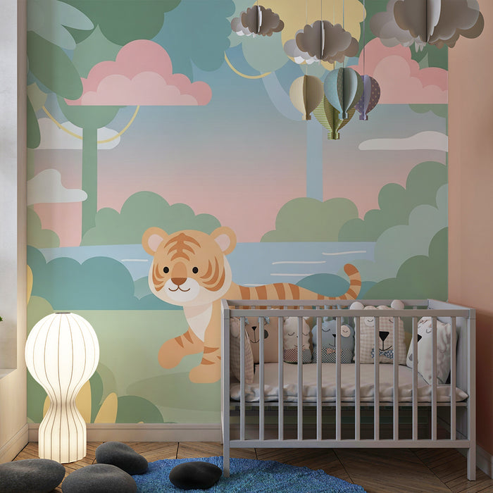 Kids room wallpaper | Väike tiiger värvikas džunglis