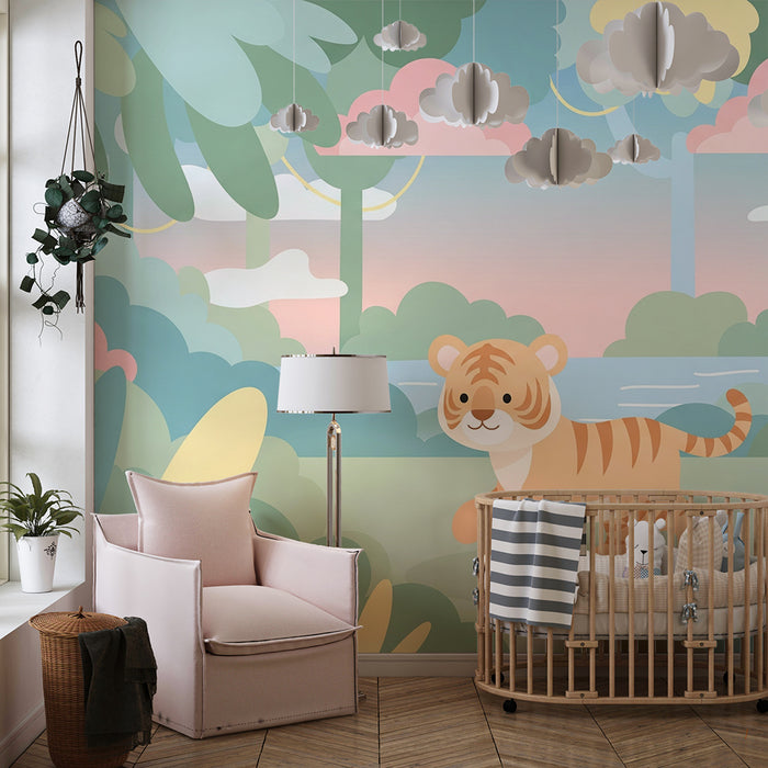 Kids room wallpaper | Väike tiiger värvikas džunglis