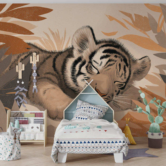 Kinderzimmer Tapete | Kleiner schlafender Tiger im Dschungel