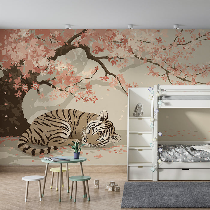 Børneværelse tapet | Lille sovende tiger under et blomstrende kirsebærtræ