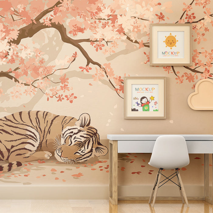 Børneværelse tapet | Lille sovende tiger under et blomstrende kirsebærtræ