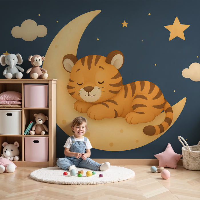 Papier peint chambre enfant | Petit tigre endormi sur un croissant de lune