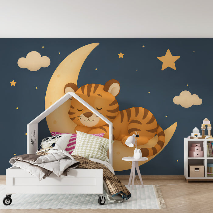 Papier peint chambre enfant | Petit tigre endormi sur un croissant de lune