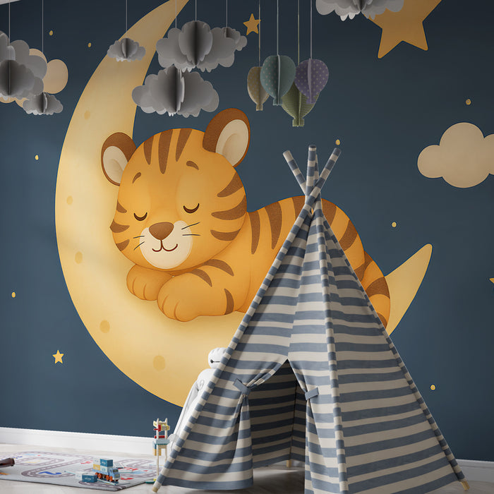 Papier peint chambre enfant | Petit tigre endormi sur un croissant de lune