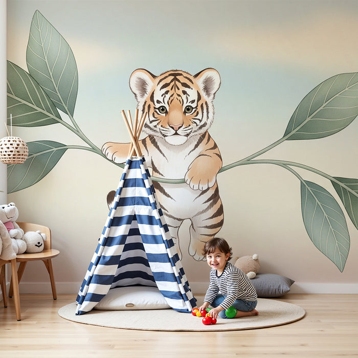 Kinderzimmer Tapete | Verspielter kleiner Tiger und tropisches Laubwerk