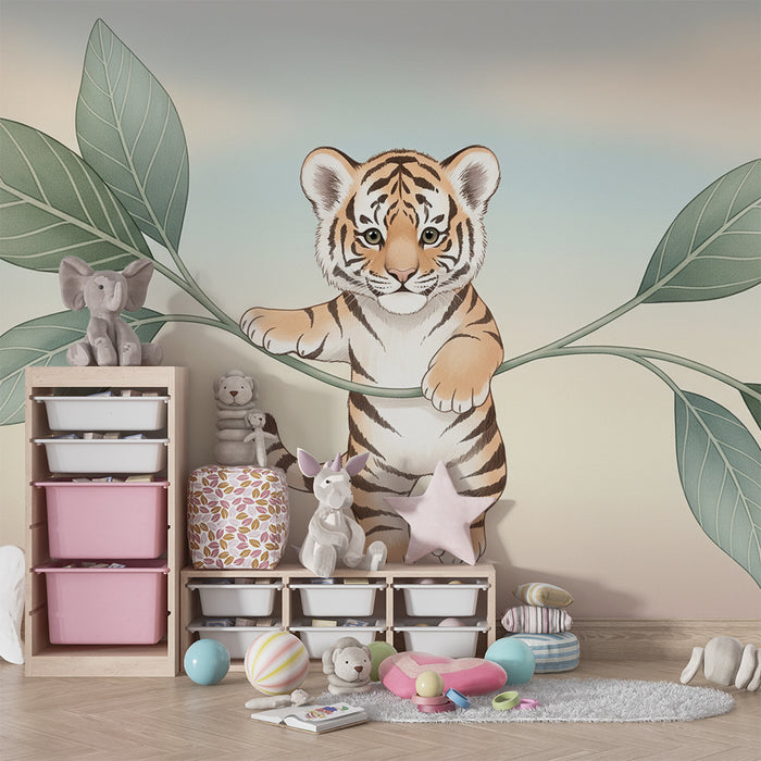 Kinderzimmer Tapete | Verspielter kleiner Tiger und tropisches Laubwerk