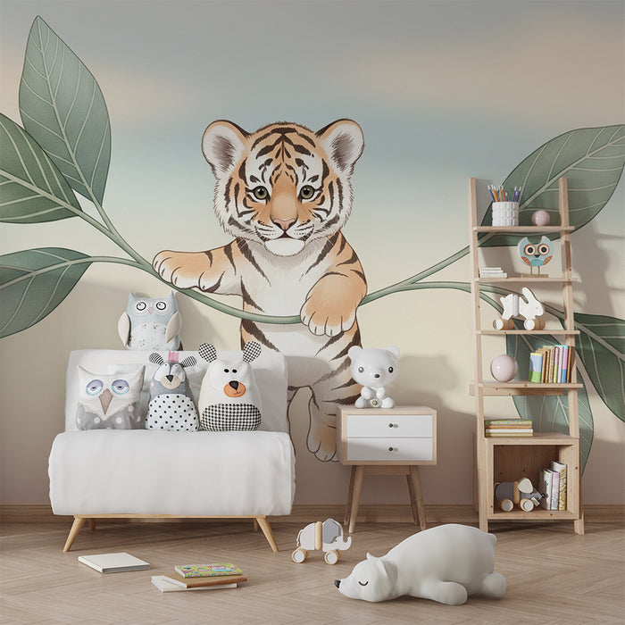 Kinderzimmer Tapete | Verspielter kleiner Tiger und tropisches Laubwerk