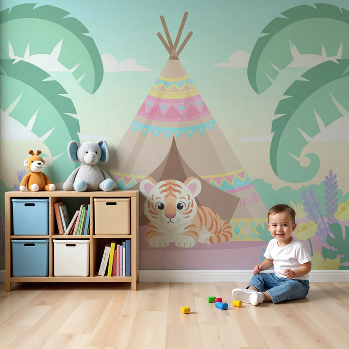 Kinderzimmer Tapete | Kleiner Tiger und bunter Tipi