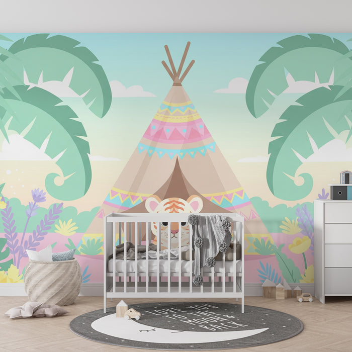 Kinderzimmer Tapete | Kleiner Tiger und bunter Tipi